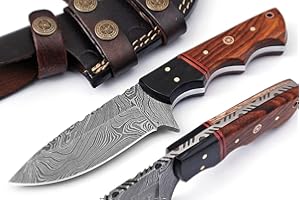 POLO CRAFT Custom Handmade Fixed Blade Hunting Damascus Knife - 8 Inch hand Forged Full Tang Rose Wood & Micarta Handle Knives For Hunting, Outdoor Camping, Hiking, Fishing, Bushcraft Knives With Leather Sheath