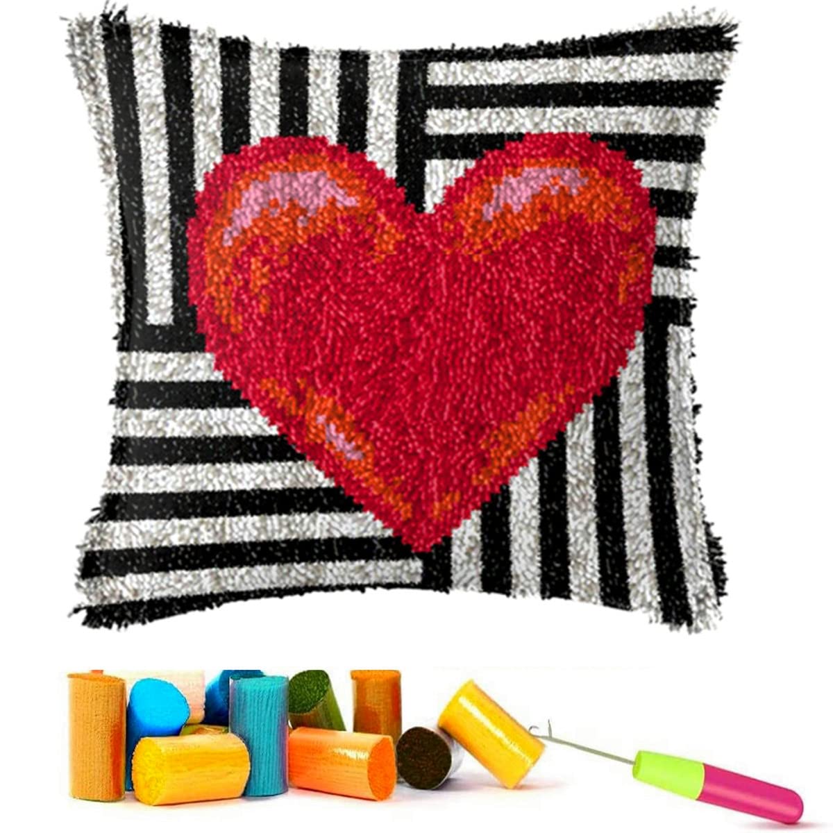 EMISTEM Latch Hook Kits for Adults - Latch Hook Pillow Kits, Crochet Yarn Kit for Beginners, DIY Needlework Crafts Cover Case with Printed Canvas, Gift Packaging. (Red Love,17x17 inch)