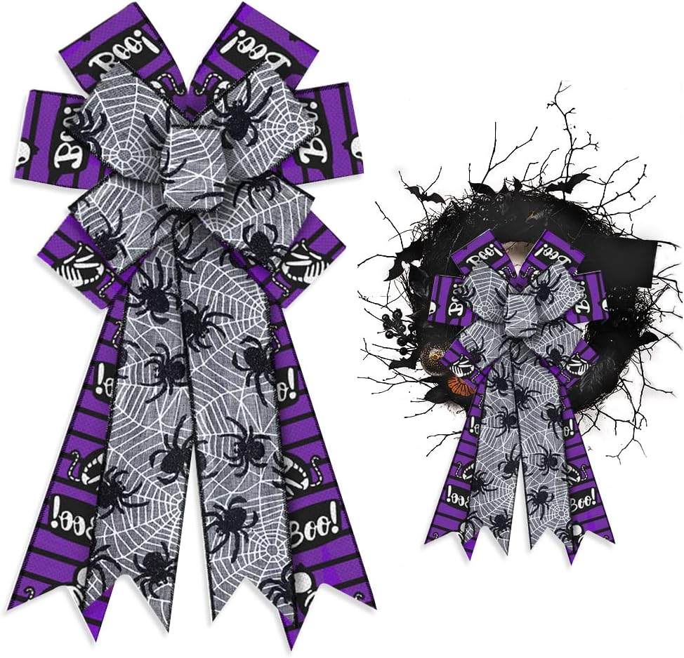 Bows & Ribbons - ALIBBON Large Halloween Bows for Wreaths, Halloween Wreath Bows, Black Purple Bows, Glitter Spider Web Cat Bows for Front Door, Halloween Decor, Burlap Bows for Wreath Indoor Outdoor Wall Decorations