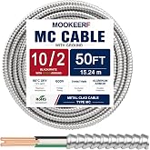 10/2 MC Cable with Ground - 50FT Pure Copper 10AWG/2 Metal Clad Wire with Aluminum Armor 10 Gauge 2 Conductor Type MC Alum Cable