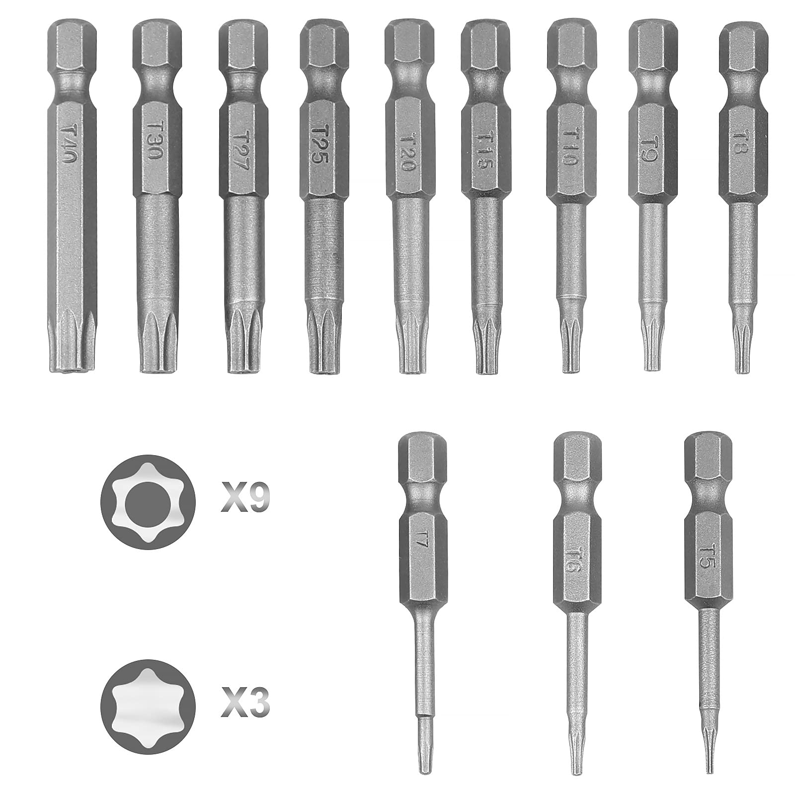 CPROSP Torx Bit 50 mm Long, Long Torx Bit T5, T6, T7, T8, T9, T10, T15, T20, T25, T27, T30, T40, S2 Steel, Star Head, Pack of 12