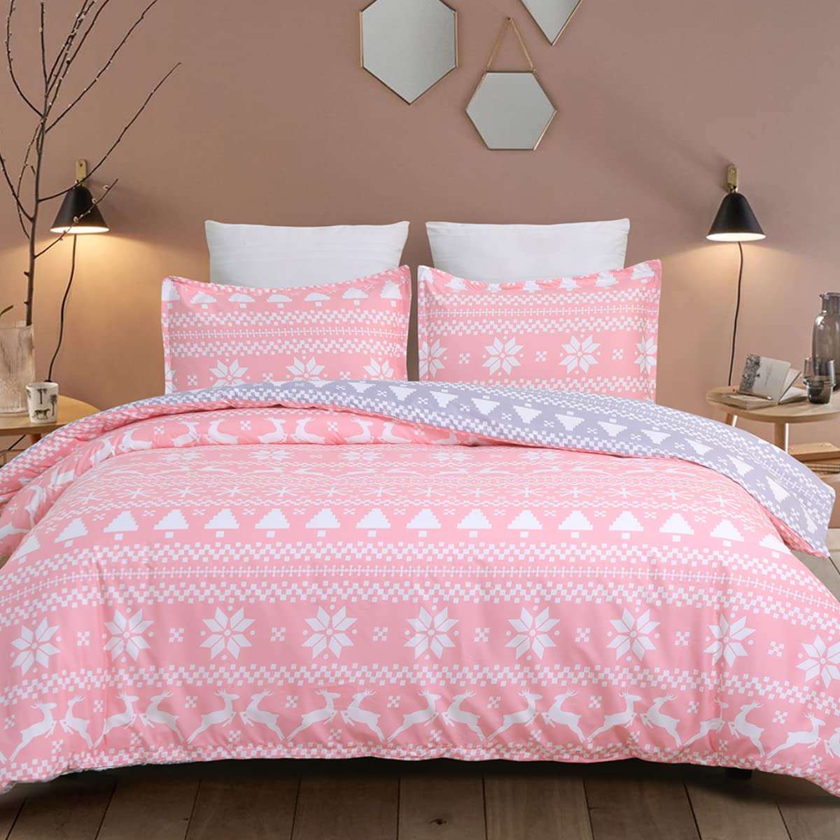YEPINS Soft Quilt Duvet Cover Set for Christmas Decorations, Snowflake Reindeer Reversible Design, Pink and Grey- Brushed Microfiber King Bedding Size Quilt Cover Set