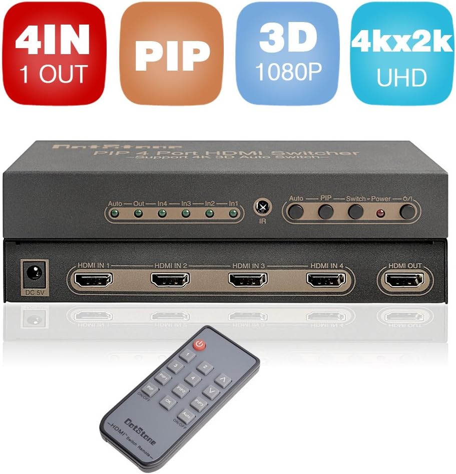 HDMI Switch with PIP and IR Wireless Remote Controller 4 x 1 HDMI Splitter V1.4 Hub Port Switcher Supports PIP 4K x 2K 3D 4 Port High Speed HDMI Splitter Switch by DotStone