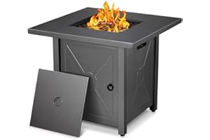 Xbeauty 28in Gas Fire Pit Table, 50,000 BTU Outdoor Propane Firepit,40,000 BTU Auto-Ignition Fire Tables with Lid, Rain Cover and 3 Pounds Lava Stones for Outside Garden Backyard Deck Patio (Square)