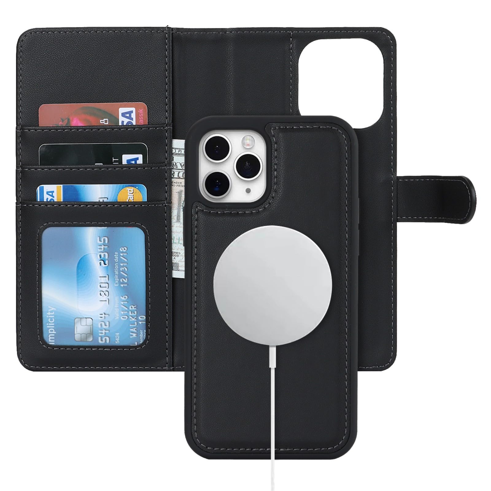 Zouzt for iPhone 12/12 Pro 6.1 Inch Detachable Wallet Case with Card Holder for MagSafe, Premium PU Leather 2 in 1 Flip Folio Book Magnetic Stand Protective Phone Cover - Black — image 1