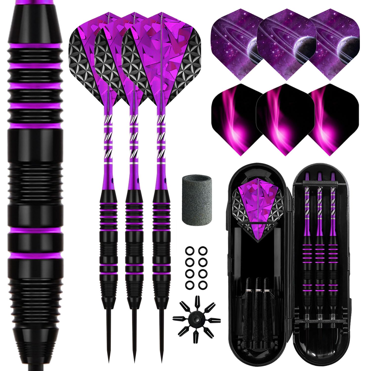 Photo 1 of Lavishio Dart Metal Tip Set 3 Aluminum Dart Shafts Steel Tip Dart Set Professional Darts Steel Tip Set + Extra 3 Dart Flights 3 Replace Plastic Shafts (Purple)