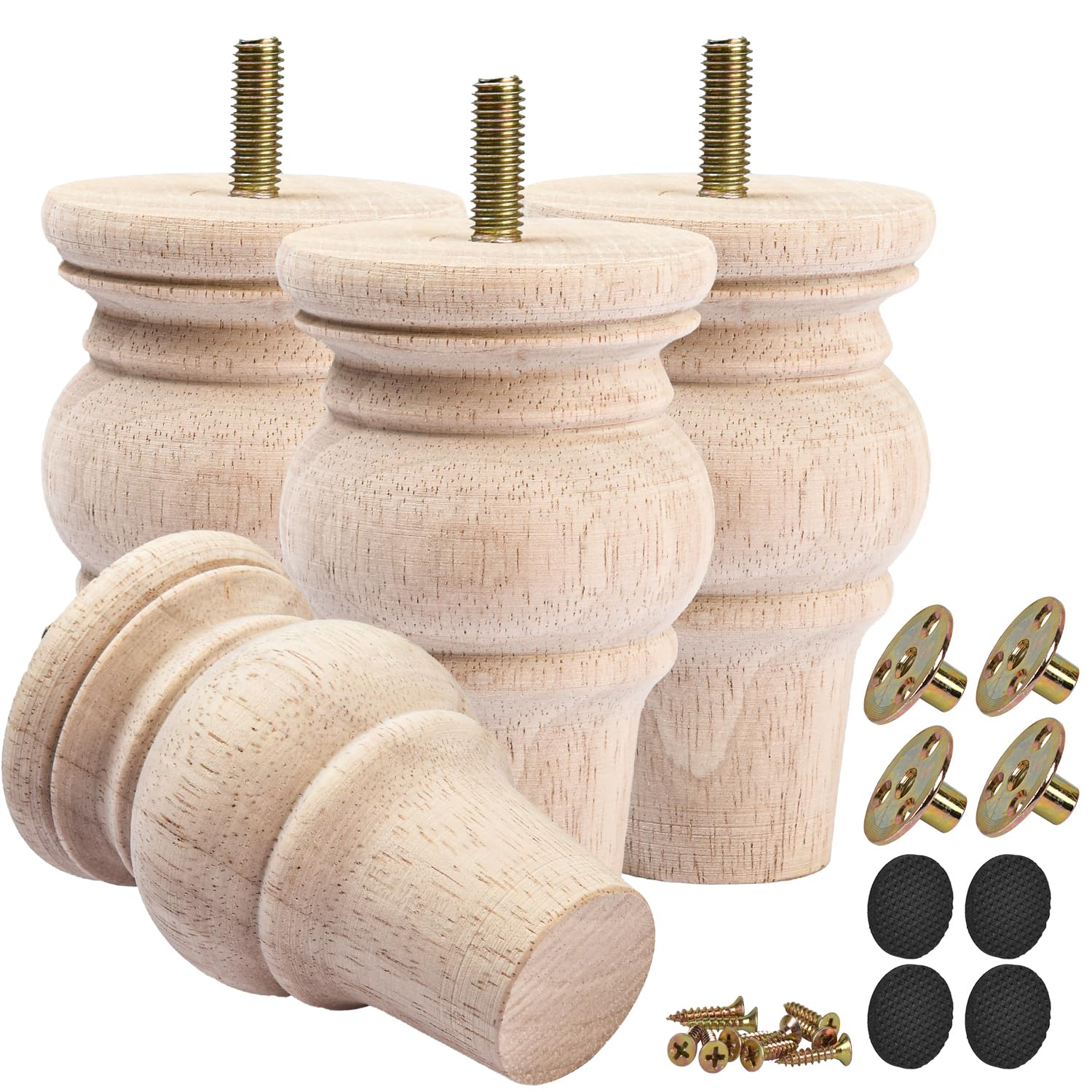 TCHOSUZ 4 Inch Wooden Furniture Legs (10cm) Set of 4 Solid Hardwood Replacement Bun Feet for Sofa, Couch, Chair, Ottoman, Dresser, Cabinet, Coffee Table - M8 Predrilled Screw Holes