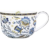 LanHong 25 Ounce Bone China Soup Bowls with Handles Large Soup Mug for Coffee Cereal Oatmeal Latte Flora Soup Bowl Bone China Soup Cup Microwave Safe (Blue 3)