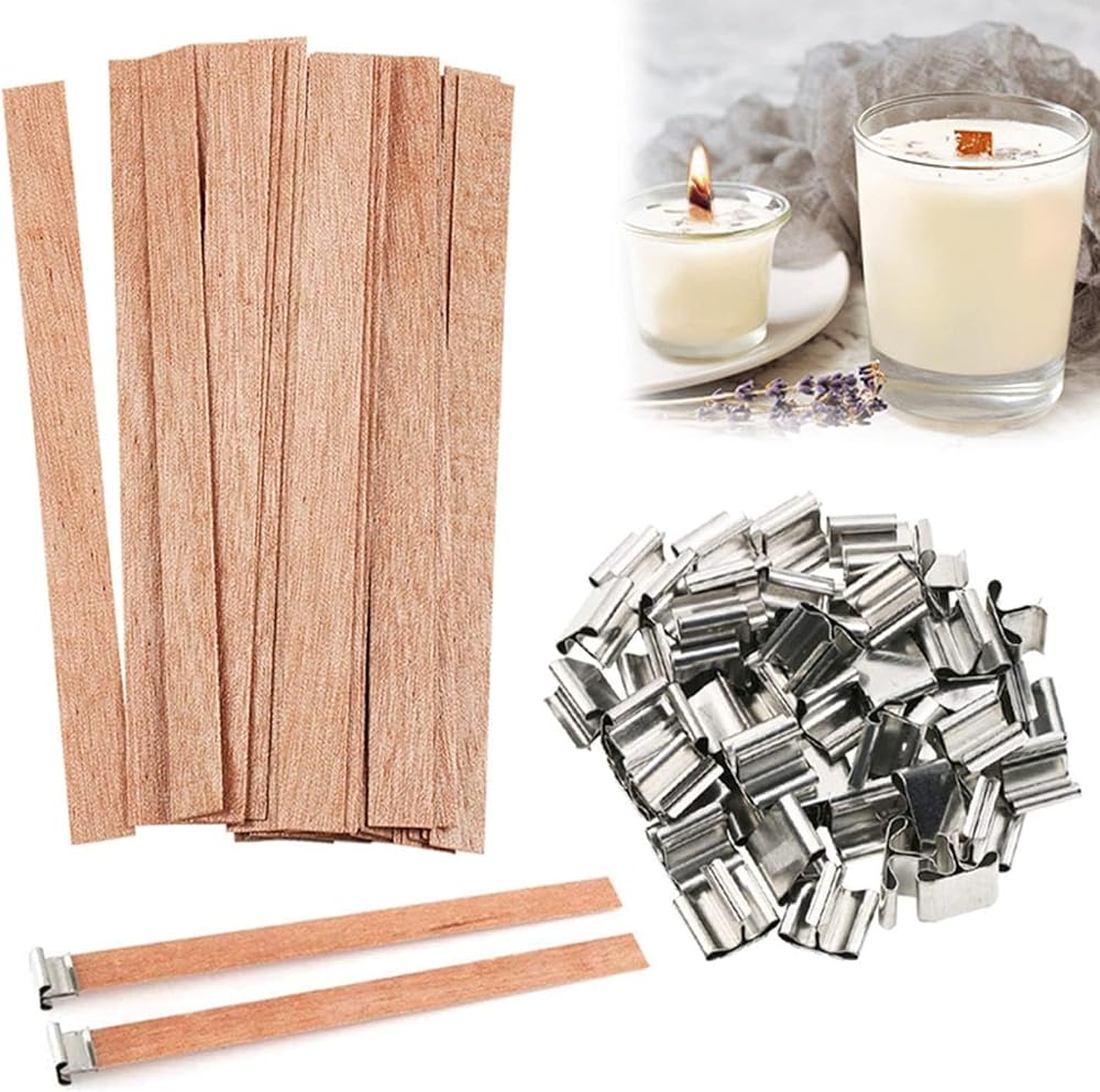 Runmeihe 25Pcs Wood Wicks 5" Candle Wick Kit with 25 Iron Stands for DIY Candles