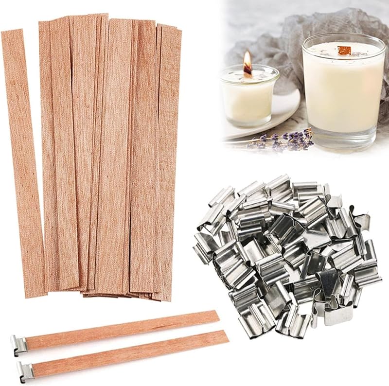 Runmeihe 25Pcs Wood Wicks 5" Candle Wick Kit with 25 Iron Stands for DIY Candles