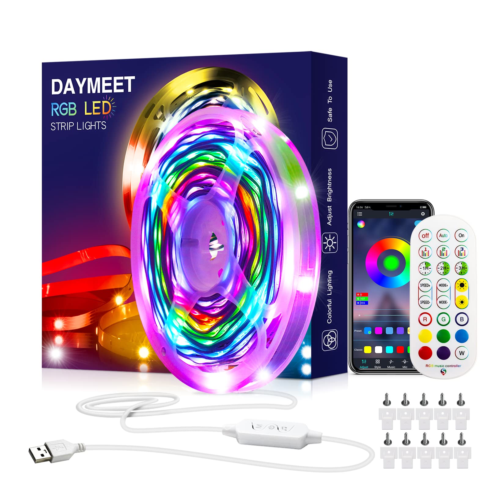 Daymeet LED Strip Lights, Chasing Effect 10M RGBIC Dream Color USB Led Strip Lights Color Changing Lights Bluetooth Music Sync with Remote App Control Rainbow Led Light Strip for Bedroom