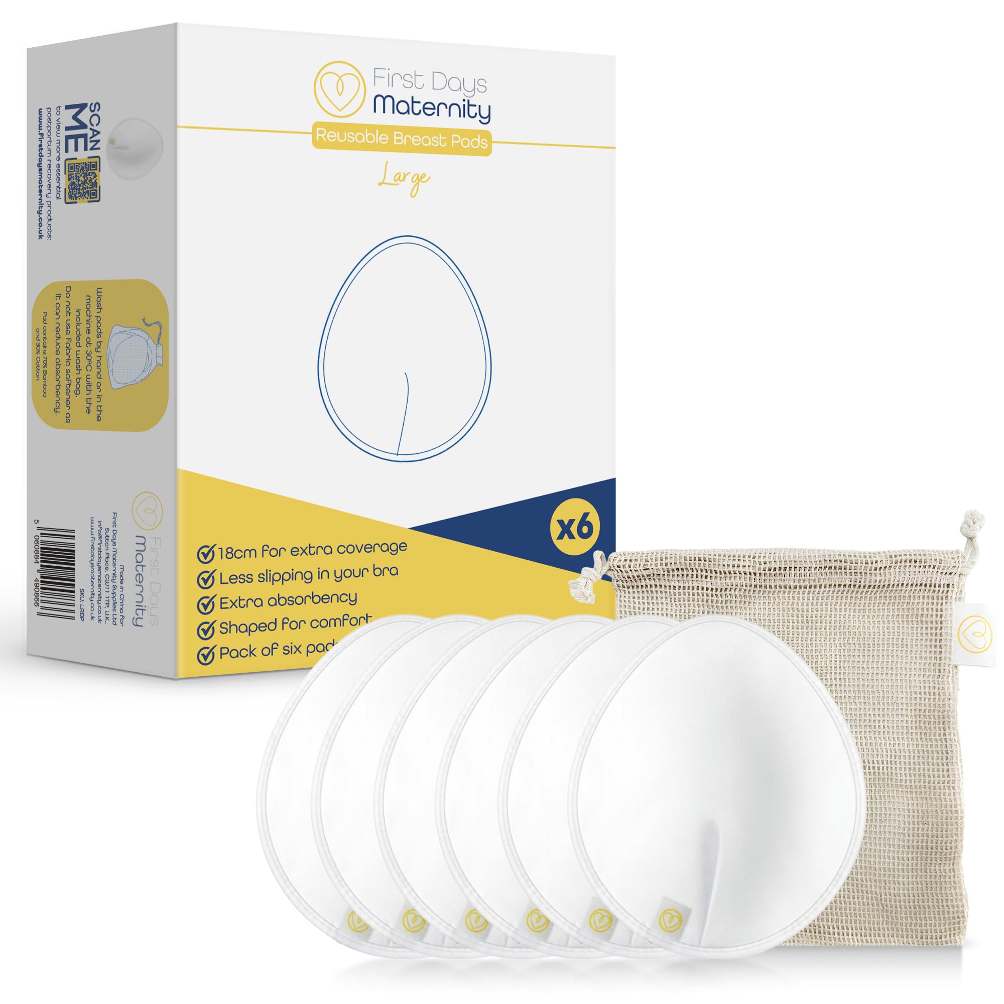 First Days Maternity - Reusable Breast Pads - Extra Large Size Pads, Pack of 6 Washable Pads for Breastfeeding. Organic Cotton (One Pack)