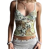 Women Y2k Spaghetti Strap Lace Tank Casual Going Out Slim Fit Camisole Floral Sheer Mesh Cami Top Streetwear