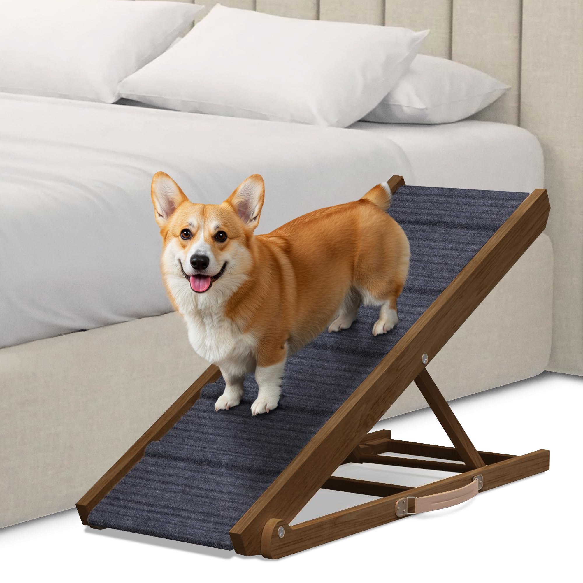 Photo 1 of Pathosio Pets Adjustable Dog Ramp for Bed - Foldable Wooden Ramp for Dogs to Get on Bed, Couch, or Car - Ideal for Small, Medium, and Large Breeds (Walnut Wood with Grey Carpet)