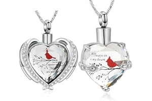 Yinplsmemory 2 Pieces Red Cardinal Urn Necklace for Ashes Keepsake Memorial Crystal Heart Urn Locket for Human/Pet Cremation Jewelry