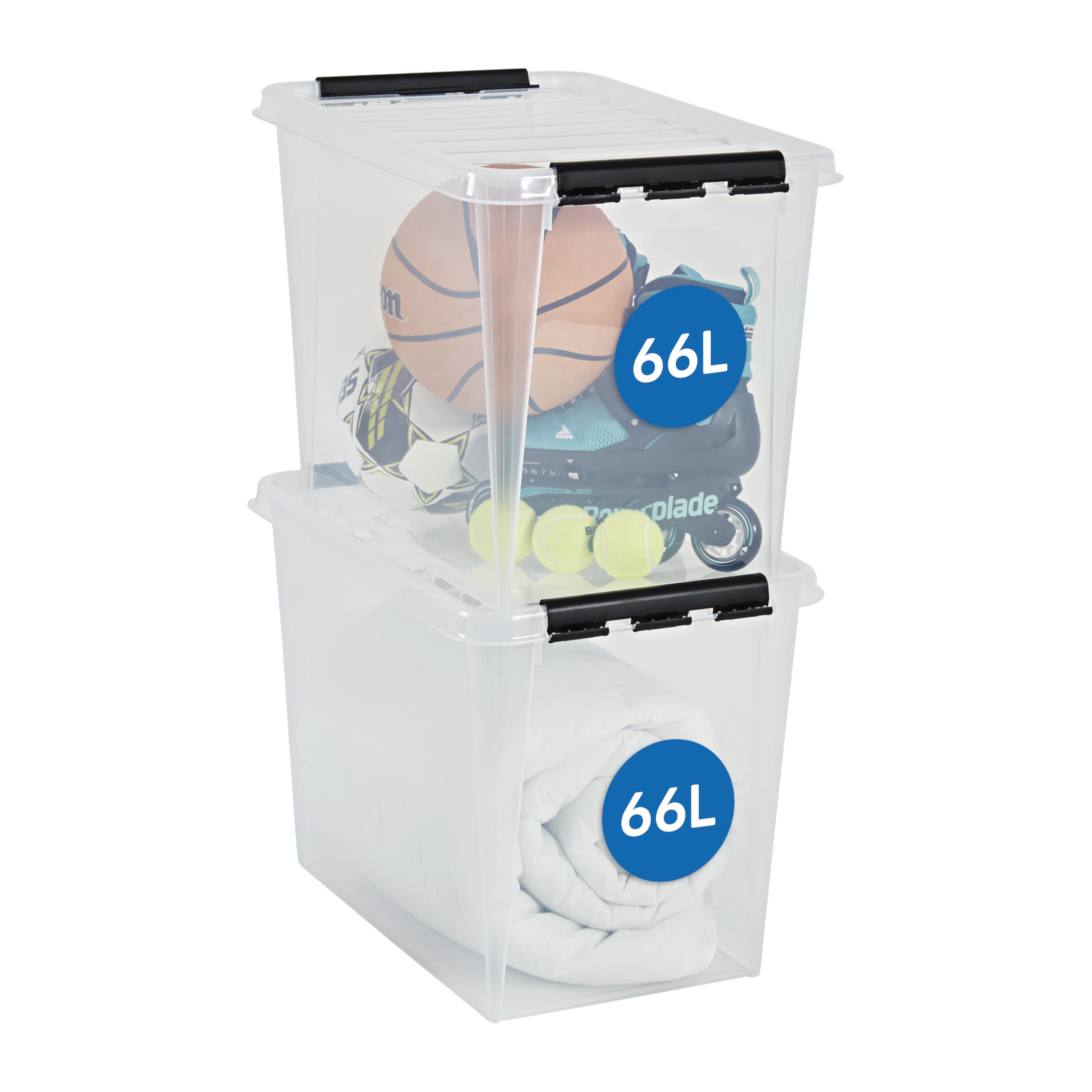 SmartStore 66L Large Plastic Storage Boxes with Lid, 2 Pack, Reinforced, Clear, 10 Year Guarantee, Food Safe, Clip Locked, Stackable and Nestable, BPA Free, L59 x W39 x H43cm