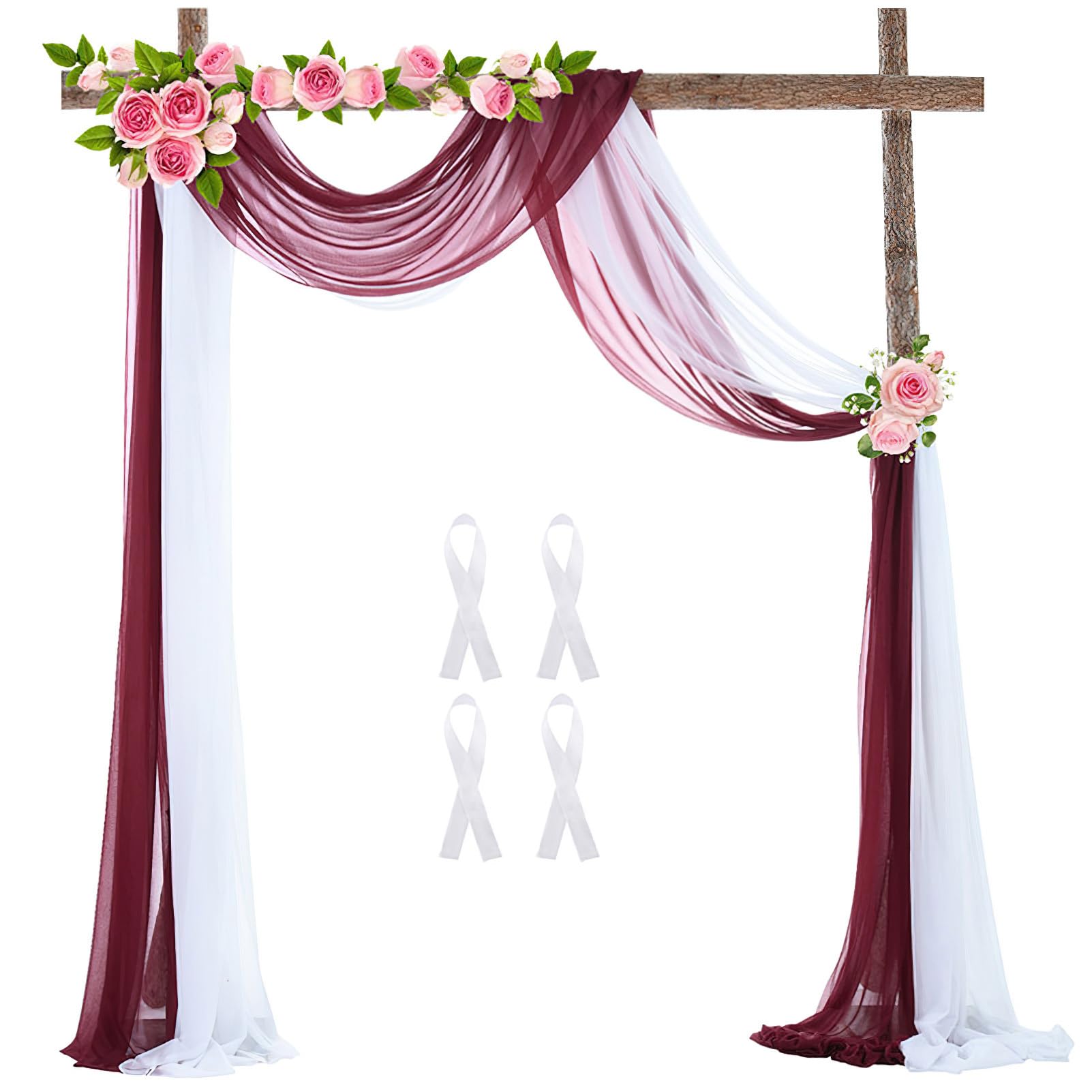 Wedding Arch Sheer Drapery Backdrop Voile Curtain Chiffon Draping Fabric 20Ft Sheer Curtains Arbor Drapery for Wedding Ceremony Reception Party Ceiling Decor, White and Wine Red, 2 Panels
