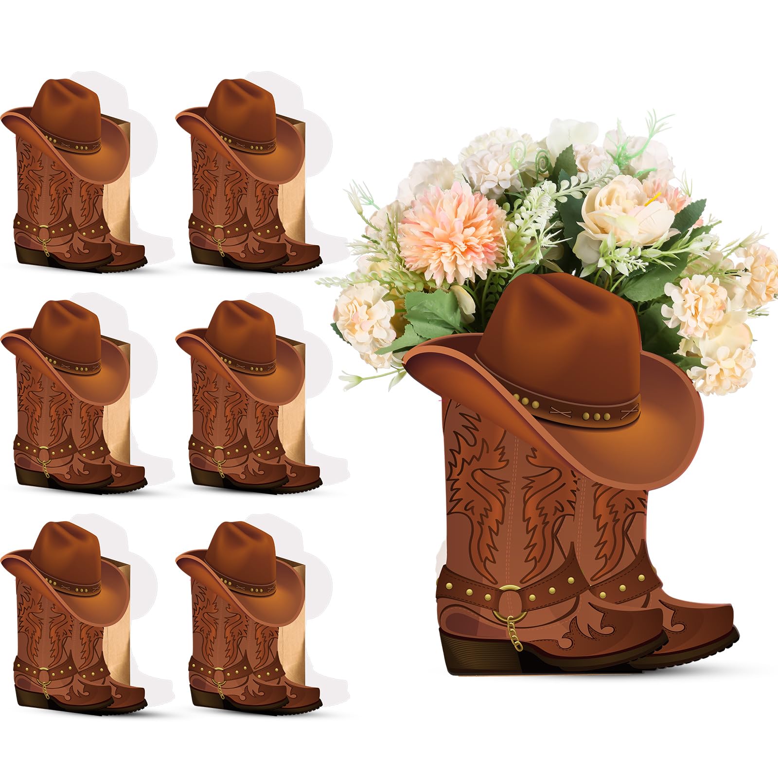 Photo 1 of Domensi 8 set Western Cowboy Boots Flower Boxes Centerpiece Boot Shape Box Decorations Western Theme Party Boot Gift for Cowboy Cowgirl Birthday Party Baby Shower Wedding Supplies(Brown,Classic)