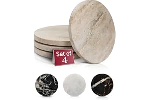 Gusto Nostro Travertine Coasters - Absorbent Stone Coasters Set of 4 - Aesthetic, Natural Stone Coaster for Drinks - Anti-Slip Round Artisanal Travertine Coaster for Kitchen Counter and Coffee Table
