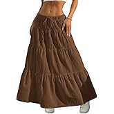 DERAX Flowy Maxi Skirts Flared Ruffle Hem Elastic High Waisted A Line Long Skirts Brown 2XL