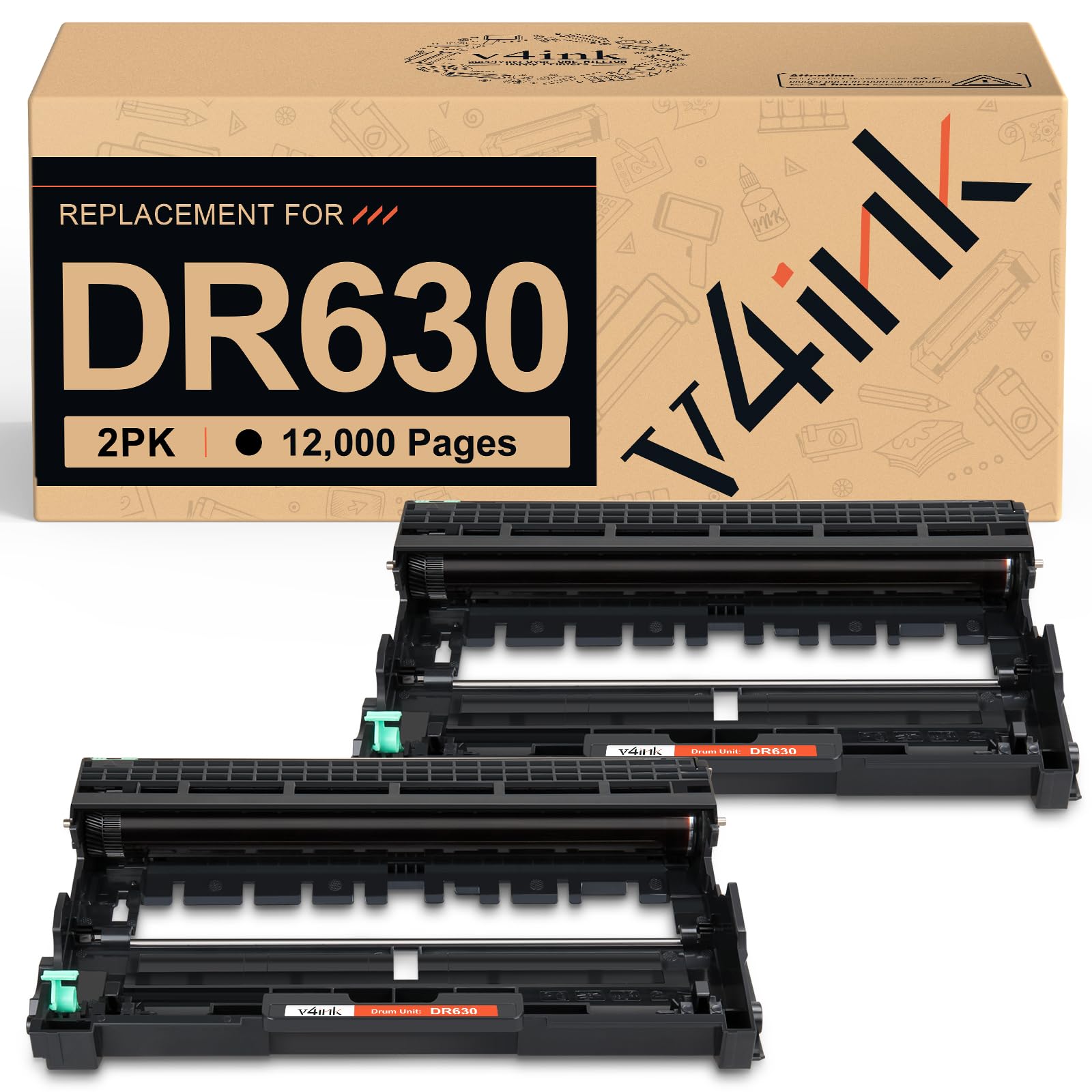 Photo 1 of v4ink 2PK Compatible DR-630 Drum Replacement for Brother DR630 DR660 Drum for Brother HL-L2300D HL-L2320D HL-L2340DW HL-L2360DW HL-L2380DW MFC-L2700DW MFC L2720DW L2740DW DCP-L2540DW NOT-Toner