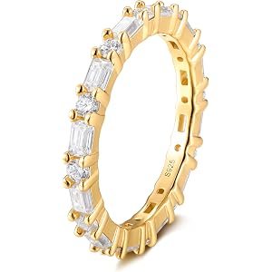 FWM Moissanite and Sapphire/Ruby/Emerald Full Eternity Rings for Women, Solid 925 Sterling Silver, Yellow Gold Plated, Annive