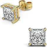 18K White Gold Plated Sterling Silver Princess Cut Cubic Zirconia Stud Earrings Square Simulated Diamond CZ Stud Earrings for Women Men Hypoallergenic
