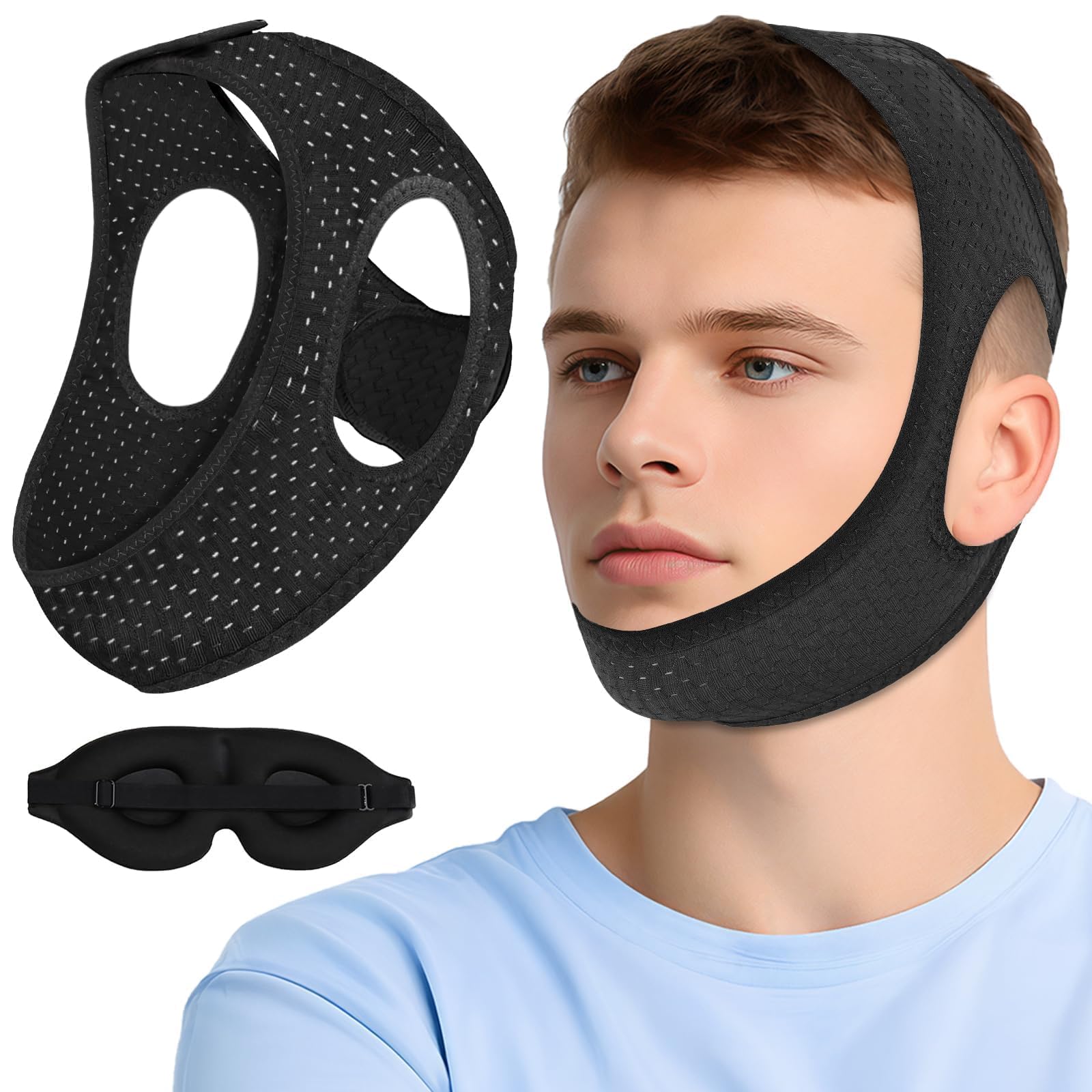 Photo 1 of Chin Strap for Sleeping, Anti Snoring Devices Comfortable Effective Stop Snoring Solution, Snore Stopper Breathable, Anti Snore Chin Strap Adjustable Velcro, with Eye Mask, Black-GSDDS
