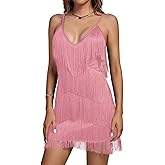 Umenlele Women's V Neck Layered Fringe Cami Dress Sleeveless Tassels Flapper Dresses Light Pink#3 X-Large