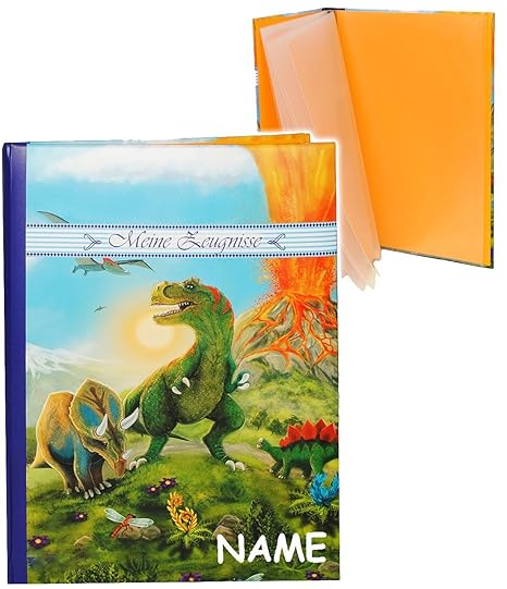 Dinosaurier - Zeugnismappe Gr. A 4 / Dokumentenmappe - incl. Name - Meine Zeugnisse - GEBUNDEN mit festen Seiten - Softcover 