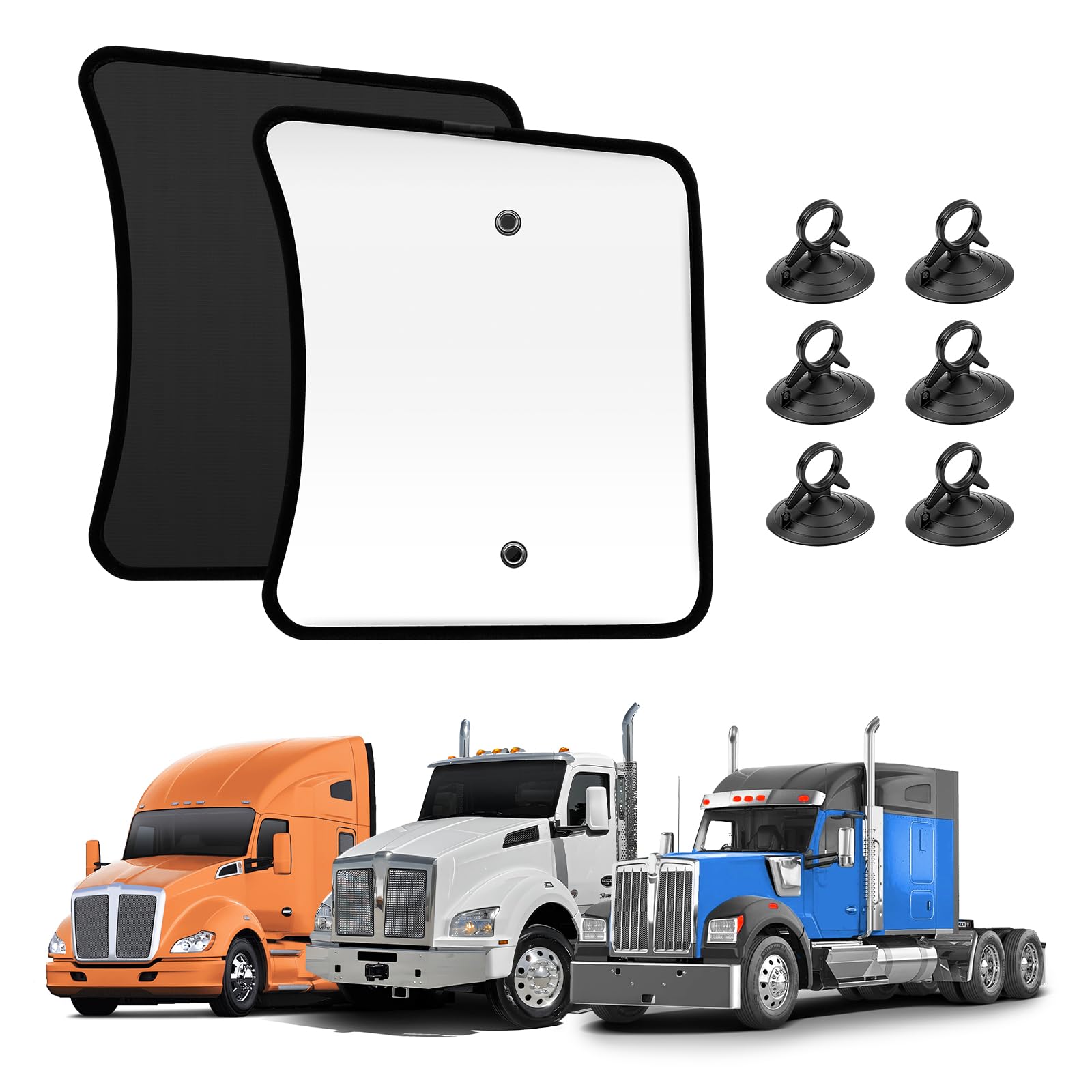 KUST 20''x16.9'' Side Window Sun Shade for Semi Truck, Kenworth T680 / T880 / W990 (All Years) Black&Silver Side Window Shade for T680 / T880 / W990, Sunshade with Suction Cup, Glare Sun UV Rays 2PCS Image