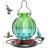 Glass Hummingbird Feeder for Outdoors Hanging, Bird Nectar Feeder with Perch & 5 Flower Feeding Ports, 26 Oz Leak Proof for Outside Garden Decor Backyard, Gifts for Women Mom, Green & Blue