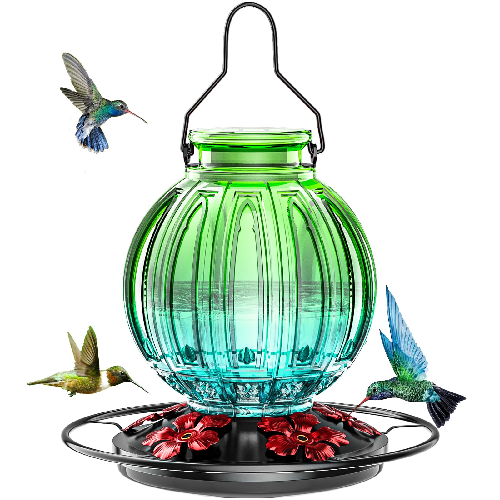 Photo 1 of Glass Hummingbird Feeder for Outdoors Hanging, Bird Nectar Feeder with Perch & 5 Flower Feeding Ports, 26 Oz Leak Proof for Outside Garden Decor Backyard, Gifts for Women Mom, Green & Blue