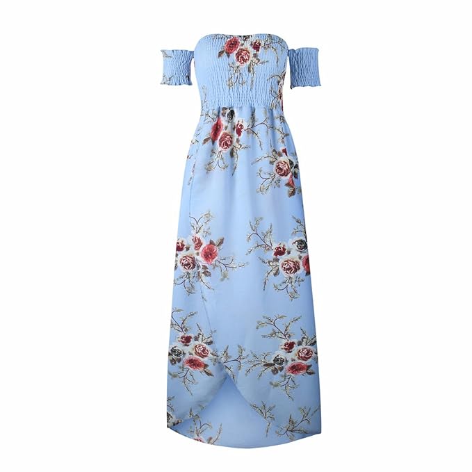 Womens Boho Style Off Shoulder Chiffon Long Dress Summer Beach Floral Print Split Party Maxi Dress Long Dresses