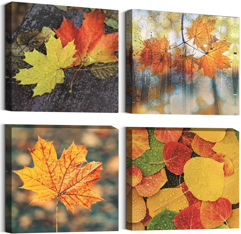 Wall Décor - Bontalc Autumn Painting Aesthetic Fall Canvas Wall Art Maple Leaf Wall Decor for Living Room Bathroom Office 4 Pcs HD Prints Home Decorations Gallery Wrapped Gift 12×12 Inches