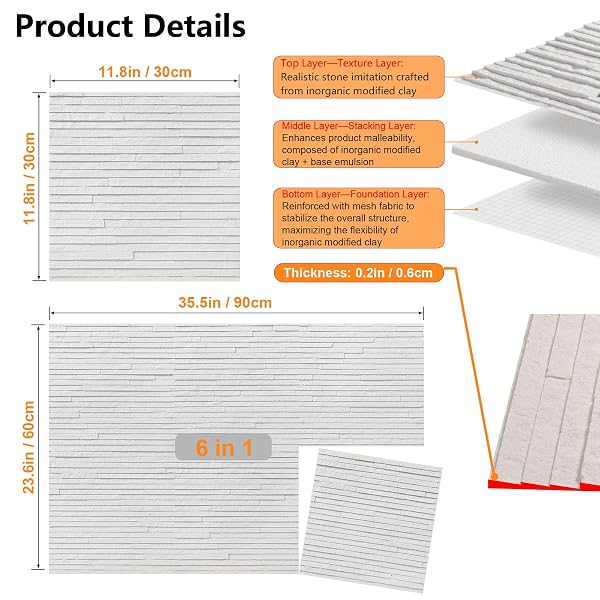 ZOETEOZ 6 PCS 3D WHITE WATERFALL FAUX STONE WALL PANELS, 11.8’‘ X 11.8’’ X 0.2”, LAYERED STONE EFFECT, SUITABLE FOR INDOOR/OUTDOOR WALL DECOR, LIVING ROOM TV BACKDROP, BEDROOM, KITCHEN (5.8 SQ. FT.)