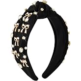 PANTIDE Black Bow Jeweled Knotted Headband - Rhinestone Crystal Pearl Embellished Headband Wide Top Knot Non Slip Hairband Accessories Bachelorette Wedding Birthday Gift for Women Girl (Black)