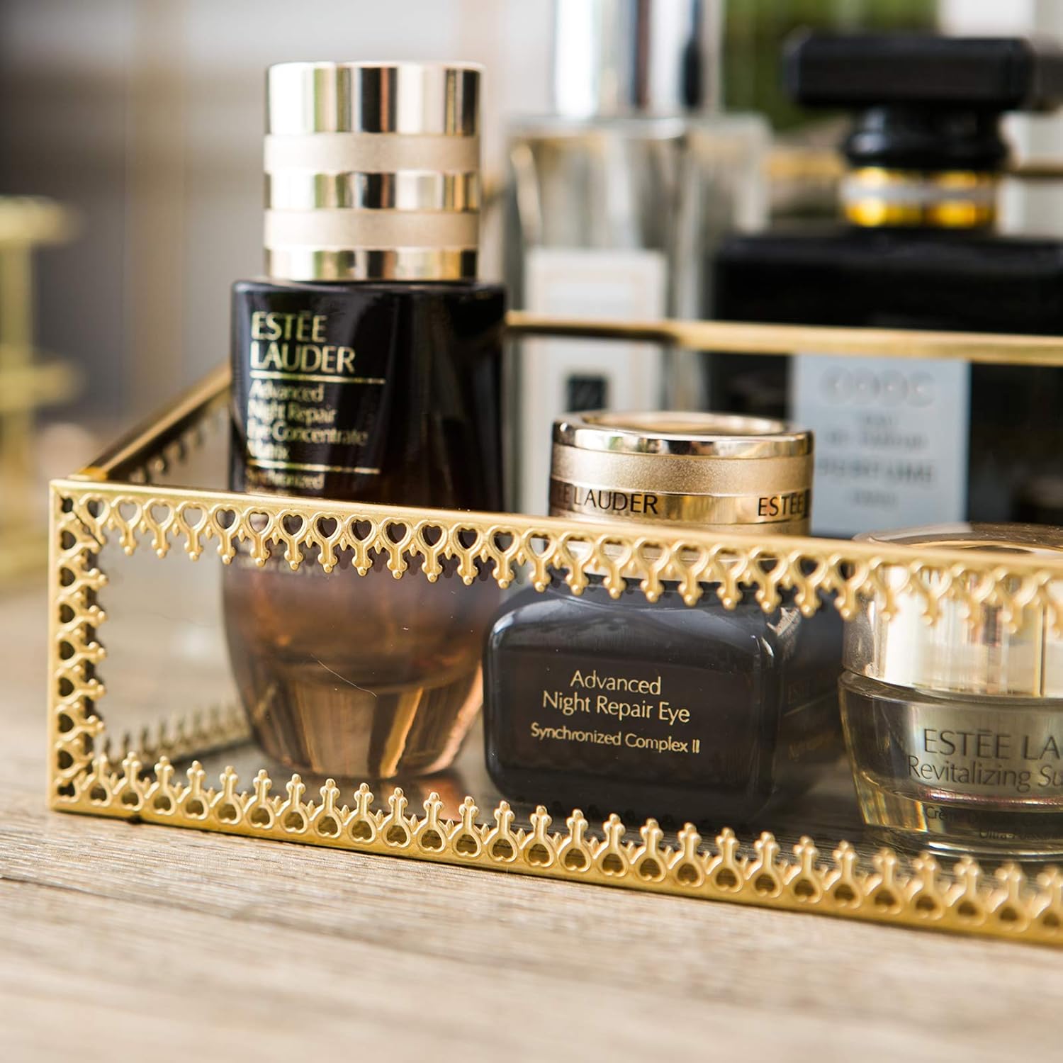 Smart Wyche Large Glass Makeup Organizer Gold Cosmetic Storage Display Case with 6 Compartments for Brushes Lipstick Perfume Concealers, Makeup Holder for Bedroom Bathroom, Easy Visibility - Metal: Home Improvement