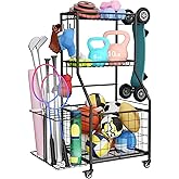 WUC Sports Equipment Organizer, Garage Ball Storage Rack with Basket & Hooks, Heavy Duty Rolling Ball Carts with Wheels for Toy Sports Gear Storage, Black