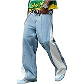 BEAUDRM Men's Color Block Baggy Jeans Vintage Wide Leg Denim Pants Streetwear