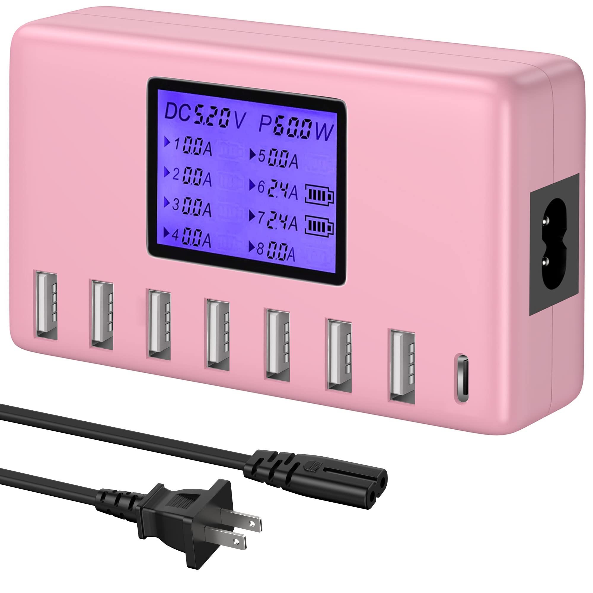 USB Charger, slitinto 60W 12A 8-Port USB Charging Station Multi Port USB Hub Charger Compact Size LCD Display Compatible with iPhone iPad Samsung Kindle Tablet Bluetooth Earbuds and More