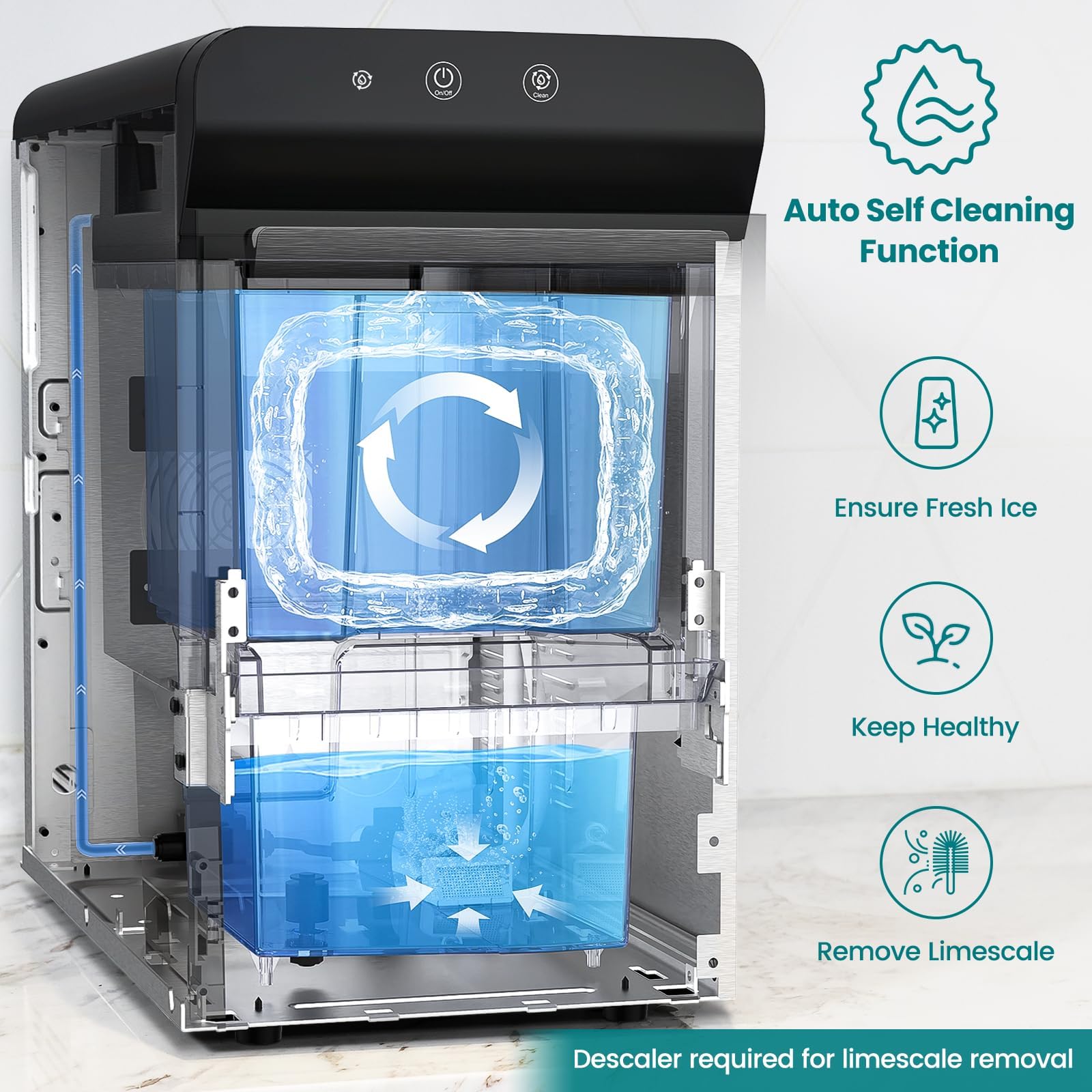 Gevi Household V2.0 Countertop Gemi Nugget Ice Maker Open and Pour Water Refill | Stainless Steel Housing | Fit Under Wall Cabinet | White