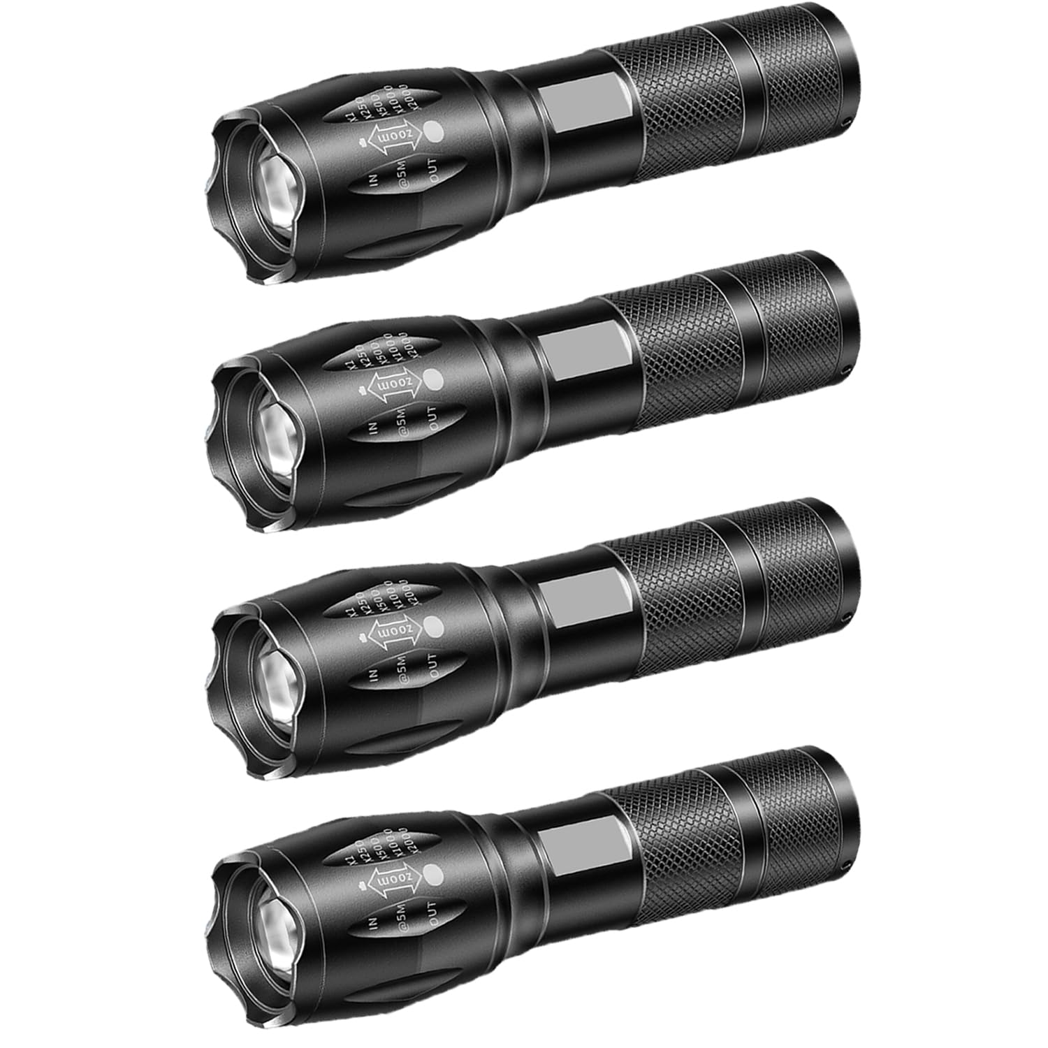 MVIOCS Tactical Flashlight 4 Pack, Bright Zoomable LED Flashlight with High Lumens with 5 Modes, Waterproof Portable Pocket Flash Light for Emergency, Camping, and Outdoor Use