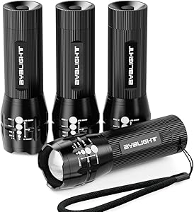 Pack of 4 Flashlights, BYBLIGHT 150 Lumen Ultra Bright LED Flashlight, Zoomable Tactical Flashlight with 3 Modes for Indoors and Outdoors (Camping, Cycling, Emergency, and Gift-Giving)