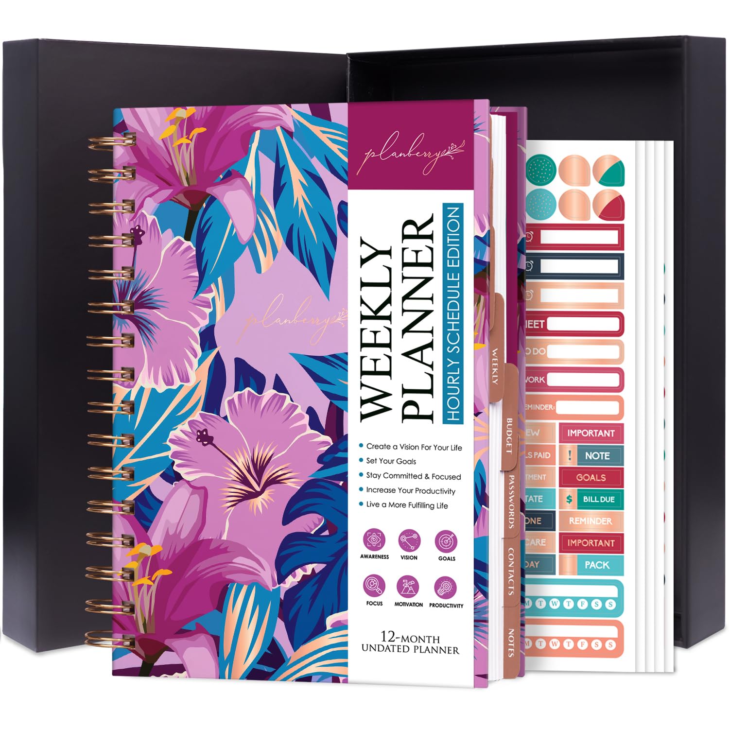 PLANBERRY Hourly Schedule Planner Premium – Undated Journal with Time Slots for Productivity & Budget Organizer, 17.5x21.6cm (Flower Paradise)