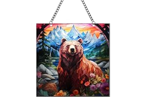 WQVSHRO Stained Acrylic Window Hangings Ornament Tiger/Bear/Elephant/Steed Acrylic Art Wall Decor Animal Colorful Panel Hanging for Animal Lover, Home Office Decor (5.9'',Bear)