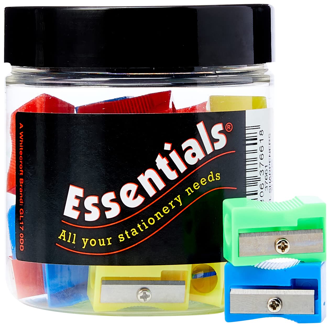Whitecroft Essentials Stationery Tubs Plastic Pencil Sharpeners - Assorted Colours (Pack of 30)