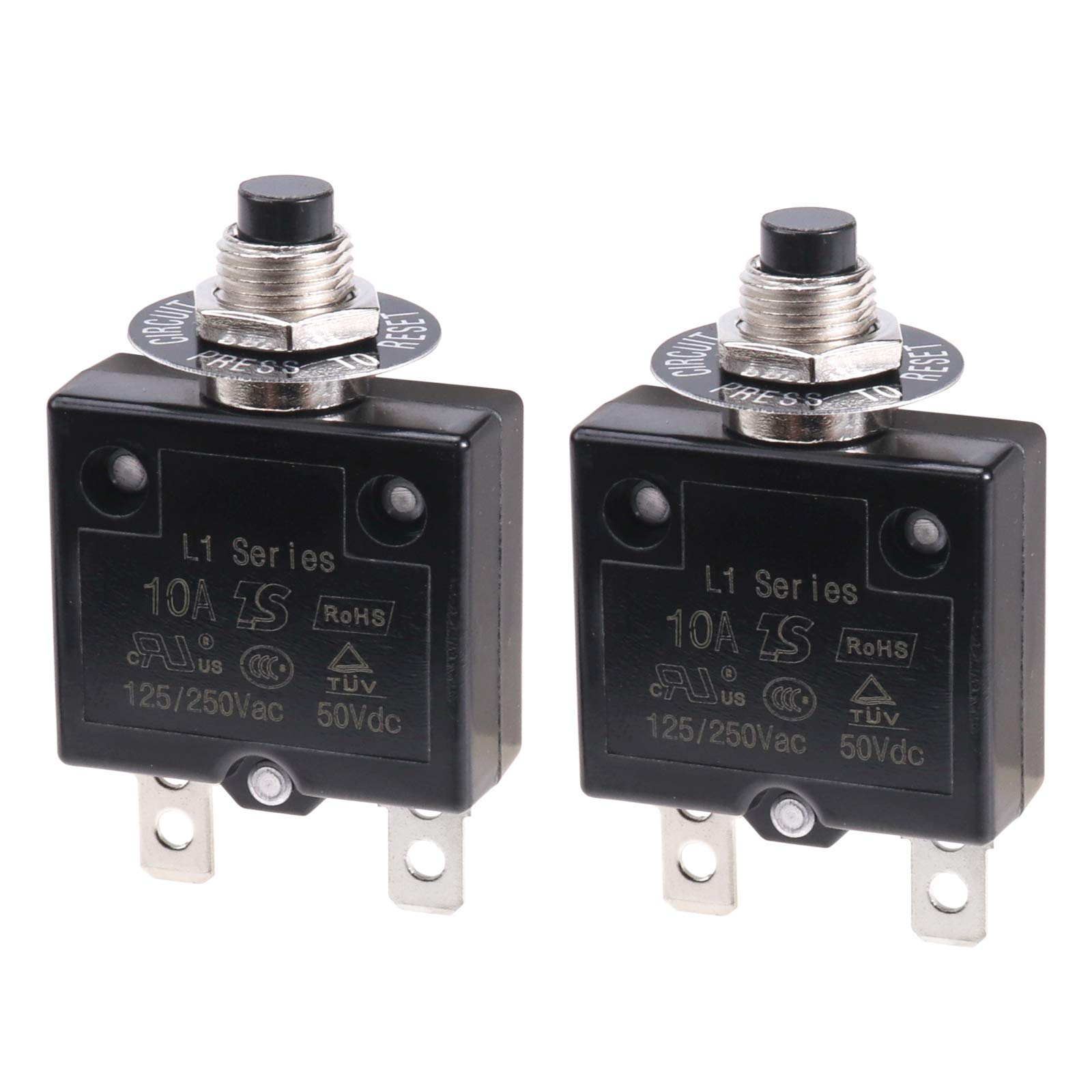 RKURCK 2 Pcs 125-250V AC 50V DC Push Button Circuit Breaker 10 Amps Thermal Overload Protector L1 Series Manual Reset Thermal Circuit Breaker 10A