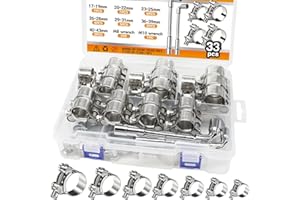 zDwfDc 33PCS 17-43mm 7 Sizes T-Bolt Hose Clamps Stainless Steel Heavy Duty with M8 and M10 Wrenches DD038-KIT
