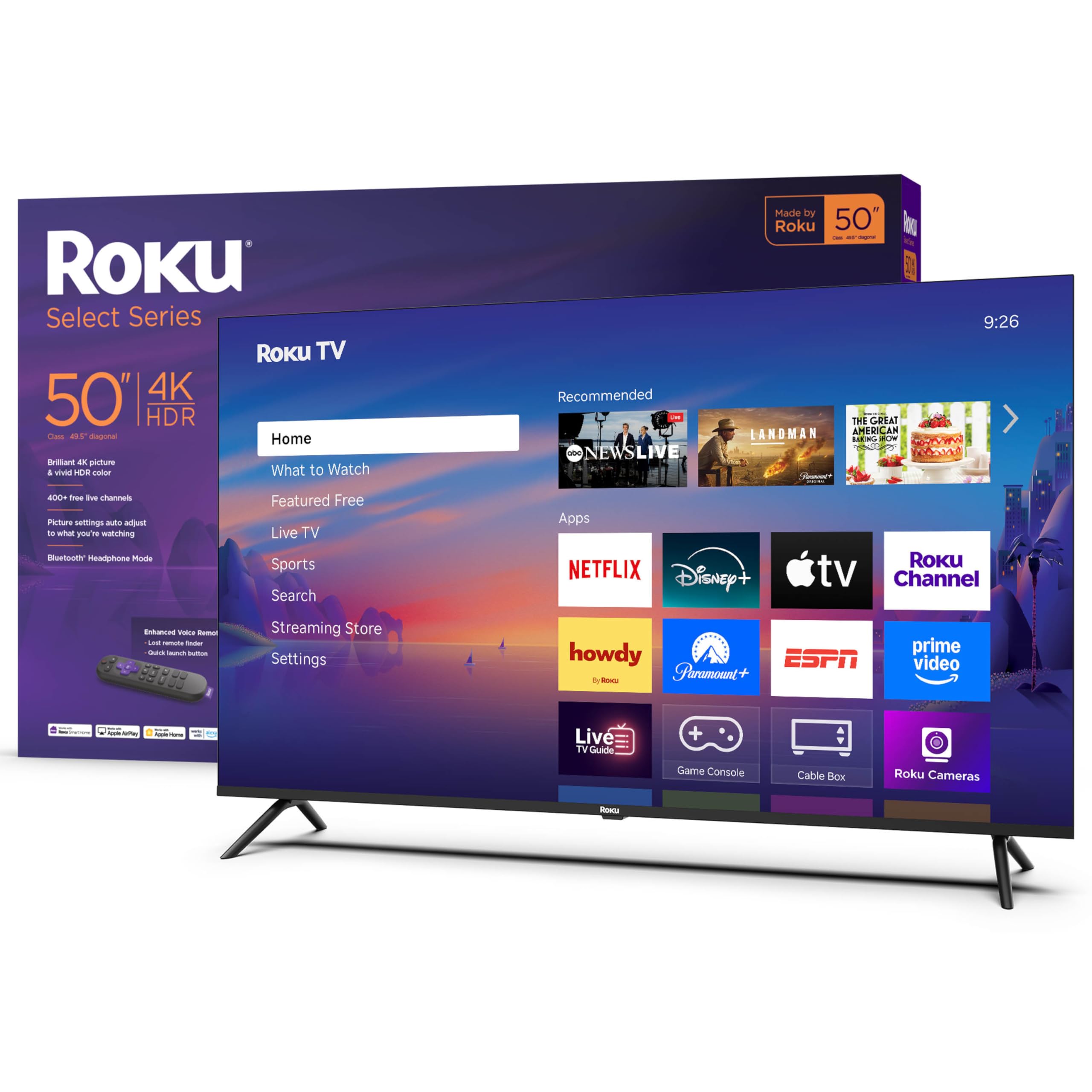 Roku Smart TV 2025 – 50-Inch Select Series, 4K HDR TV – RokuTV with Enhanced Voice Remote – Flat Screen LED Television with Wi-Fi for Streaming Live Local News, Sports, Family Entertainment Image